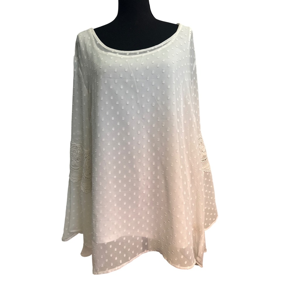 Truly 4 You Womens XL White Swiss Dot Sheer Bell Sleeve Lace Boho Blouse Top